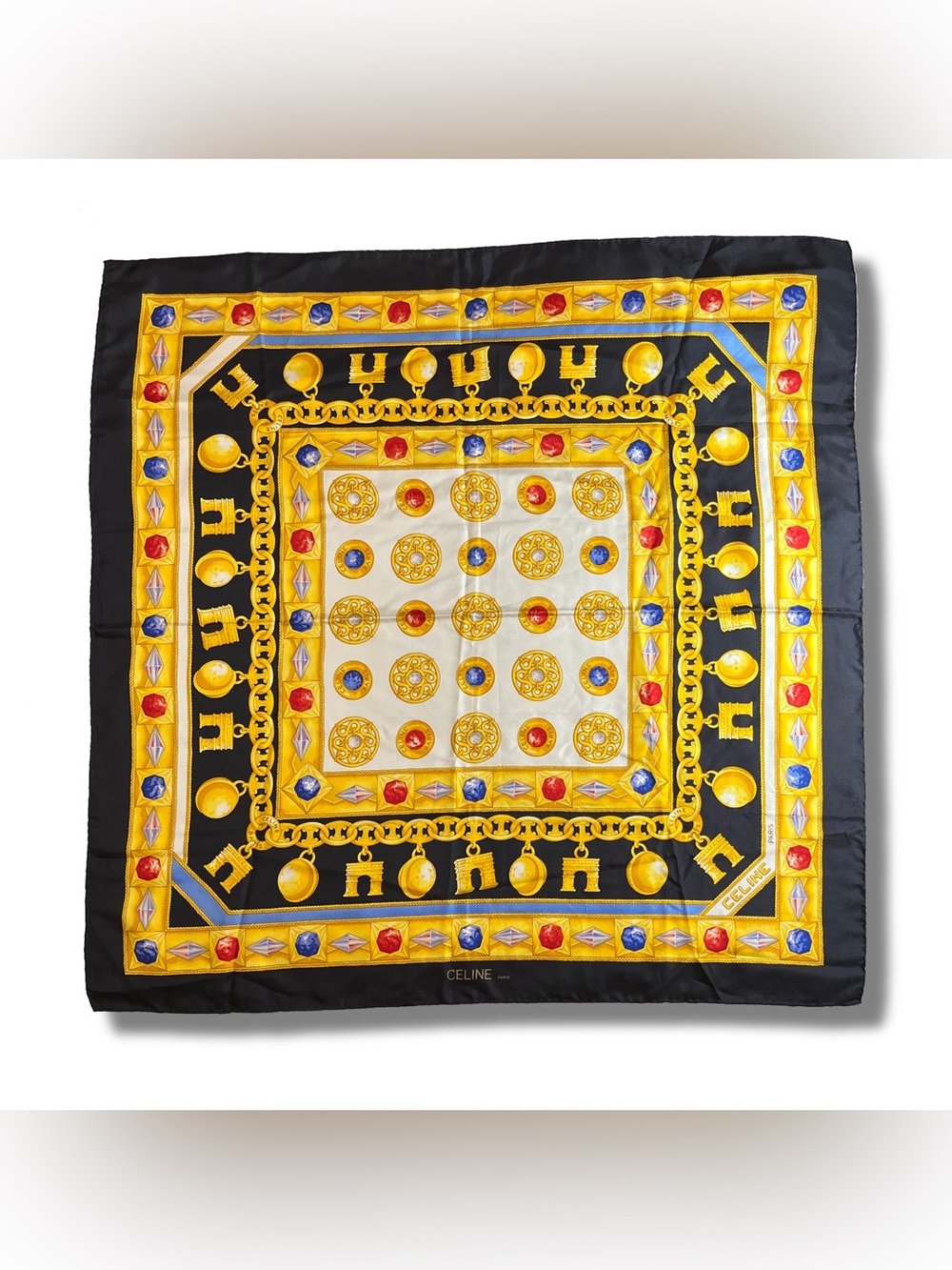 Vintage Celine Paris Silk Scarf Navy Gold Triomphe Chain Jewel Carre 34"